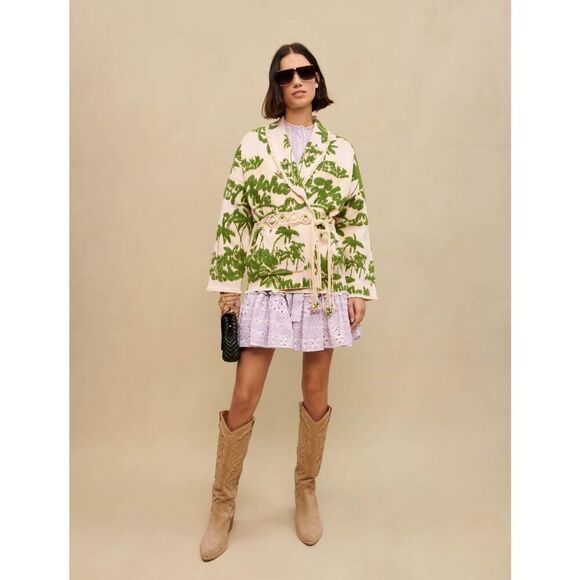 Maje Maloas Imprime Macrame Aloha Beige Belted Cardigan Jacket NEW